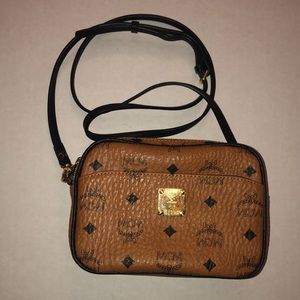 MCM Visetos Camera Bag Cognac Double Zip Like New